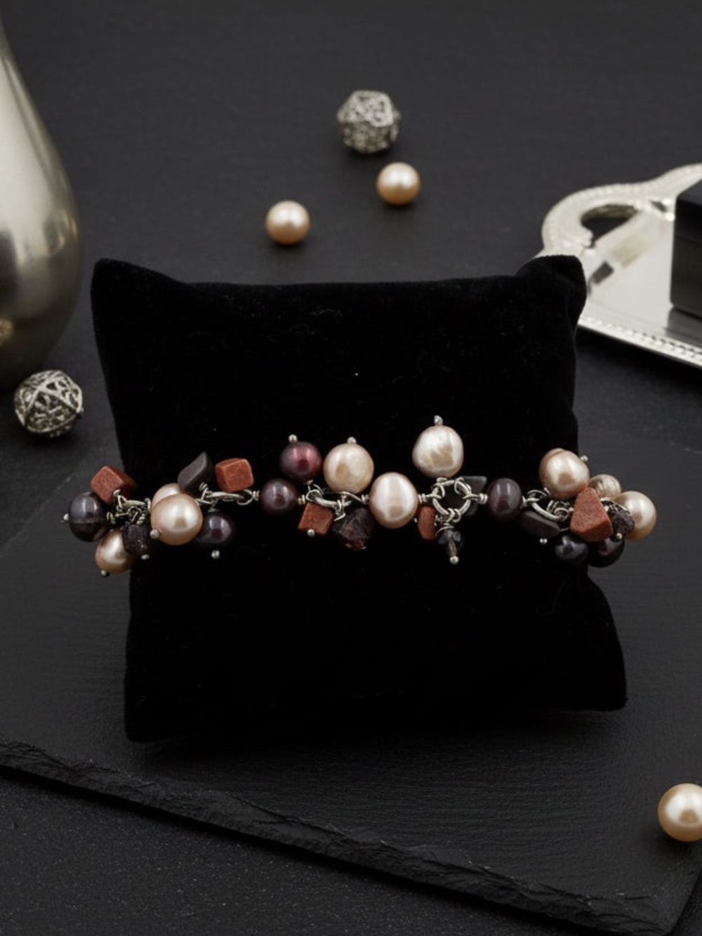 New Sterling Silver Bracelet w/Brown & Gold Pearls & Sandstone Gems 7.5-8” Adj